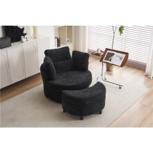 (Black, Chenille) Black Chenille Swivel Armchair & Ottoman Set