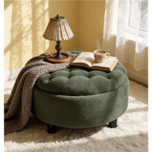 (Dark Green, Wood) Round Storage Ottoman with Tray, Dark Green