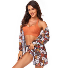 3Pieces Swimsuit Floral Print Halter-Bikini Set with Kimono-Cover Up Coffee color S