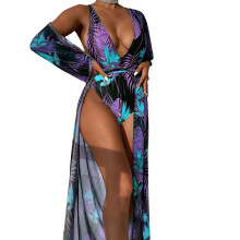 Women Floral Print Bathing Suit Chic-One Piece Swimwear Sexy Cross Back Lavender S