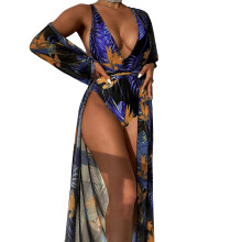 Women One Piece Swimsuit Summer Floral Print Bathing Suit with Kimono Cover Up Purple S
