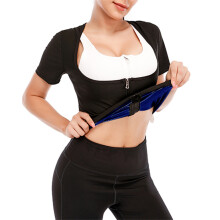 Women Sauna Vest Sweat Top Zipper Compression Shirts Heat Trapping Waist Black Blue LXL