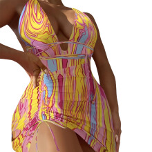Women V-Neck One Piece Swimsuit Summer Stripe Print Bathing Suit with Cover Up Yellow L