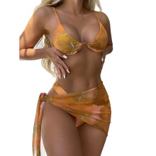 Women Spaghetti Strap Swimsuits with Cover Up 3 Pieces Floral Print Bathing Suit Orange XL