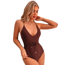 Women One Pieces Sexy Thong Swimsuits Push Up High Waist Bikini Female Caramel colour XL