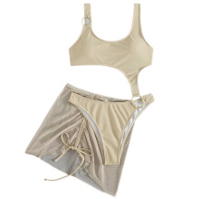 Women Sexy Lacing Bathing Suit Set Thong Beachwear Solid Color Strappy Off white M