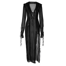 Womens Solid Color Long Sleeve Lacing Sheer Mesh Bodycons Beach Maxi Long Dress Black M