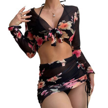 Womens Floral Print Swimwear-with Cover Up 4 Pieces Split Swimsuit Beachwear Ins Black L
