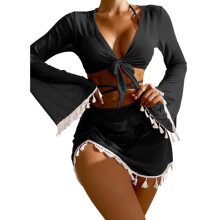 Bathing Suit with Crop Top and Tassels Beach-Skirt 4 Pieces Swimsuits for Women Black S