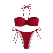 Women Two-piece Soft Bag Beachwear High Cut Bikinis Set Sexy Lacing Bathing Deep red S