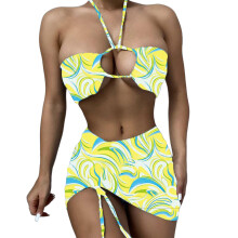 Womens Swimsuit Bikini Set 3Piece-Bathing Suit with Drawstring Mesh-Wrap Skirt Yellow M