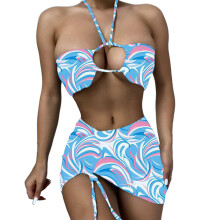 Women Tie-Dye Halter Bikini Set with Wrap Skirt High Leg Three Piece Light blue XL