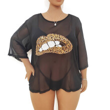 Womens Sexy Swimsuit Coverups Long Sleeve Bikini Swimwear Beach Cover Up Leopard lips XXL