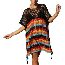 Womens Split Side Short Sleeve Crochet-Knitted Beach Swimwear Black One size fits all