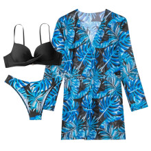 Women's Split Swimsuit Fashion Printed 3-Piece Floral Swimming Suit Push Up Wrap Blue S