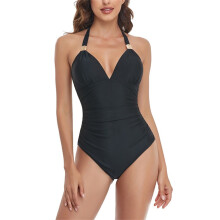 Women Printing Bikini Sexy Slim Lacing Swimwear Small Chest Gather Bathing Suits Black M