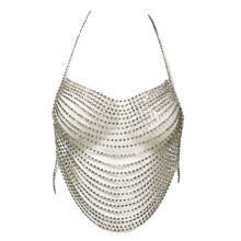 Rhinestone-Backless Halter-Crop Top Adjustable-Harness-Bikini Chest Chain Silver