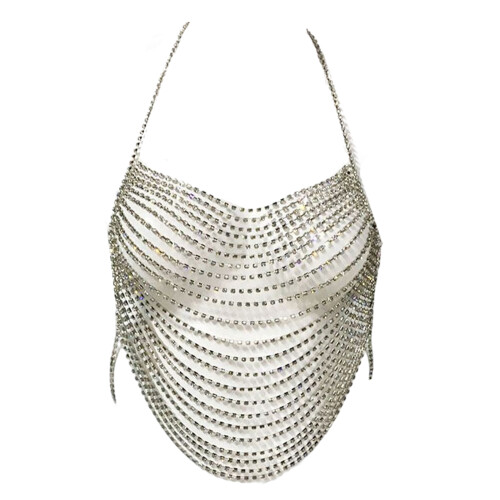 Rhinestone-Backless Halter-Crop Top Adjustable-Harness-Bikini Chest Chain Silver