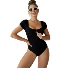Womens O-Neck One-Piece Swimsuit Bathing Suits Short Sleeve Swimsuits Swimwear Black XXL
