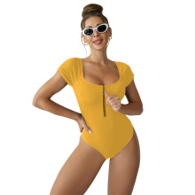 Short Sleeve One Piece Swimsuit Women Push Up Swim Suit Zipper Bathing Suit Yellow M