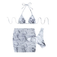 3Pcs Bathing Suit Triangle-Bikini Swimsuit Set with Cover Up Skirt String Halter White L