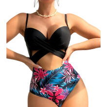 Women One-piece Floral Print Bikinis Hollow Swimwear Chest Gathered Bathing Suit Black S