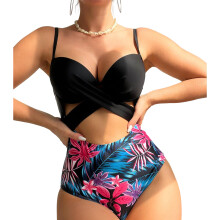 Womens Bikinis Set Sexy Deep V-neck Bathing Suits Beachwear Wide Straps Swimwear Black XL