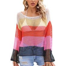 Womens Beach-Cover up Hollow Out Crochet-Knitted Crop Tops Colorful Tees Shirt Pink S