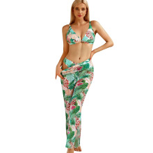 3 Pieces Split Swimsuits for Women Floral Print Bathing Suit V-neck Bikinis Set Green M