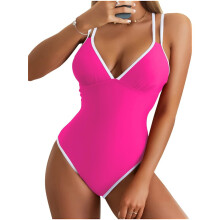 Women's One Pieced Swimsuit Tummy Control Deep V Neck Bathing Suits Monokini Rose Red XL