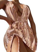 Women Back Cross Bathing Suit One Piece Swimsuit Fashion Stripe Print Coffee color XL