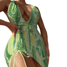 Stripe Print Bathing Suit for Lady Women V-Neck One Piece Swimsuit with Cover Up Green L