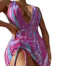 Womens One Piece Swimsuit with Cover Up Stripe Print Bathing Suit for Beachwear Purple XL