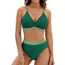 Women High Waist Bikinis Set Colorblock Swimsuit 2 Pieces V-Neck Bathing Suit Green M