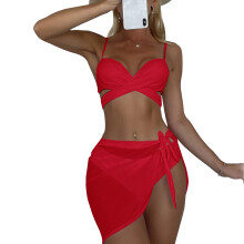 Womens Lace Up Bikini with Beach Skirt 3 Pieces Solid Bathing Suit for Beachwear Red XL