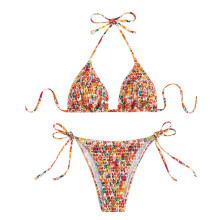 Women Sexy Halter Neck Bikinis Set Sexy Straps Swimsuit High Cut Thong Safflower L