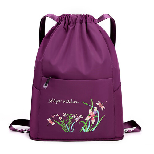 Drawstring Flower Backpack with Front Pocket for Commute and Campus Purple