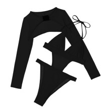 Sexy Cutout Bodycon Buckle Long Sleeves Shrug Swimsuit 2 Piece Outfits for Women Black XL