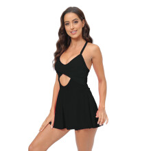 Women Swimsuit Swimming Costume Hollow Cut out Swimwear with Boyshort Black L