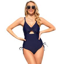 Tummy Control Bathing Suit One Piece Swimsuit Deep V-neck Bikinis for Women Navy blue L