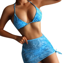 Womens Lacing Colorful Printing Swimsuit Sexy Small Chest Gathered Swimming Suit Blue L