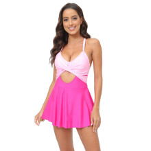Women Tummy Control Swimwear with Skirt Hollow Cut out Swimsuit Swimming Costume Pink XXXL