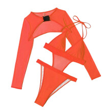 Two Piece Outfit for Women Mesh Shrug with Buckle Sexy Deep V-Neck Bathing Suit Orange M