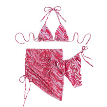 Womens Lacing Colorful Printing Swimsuit Sexy Small Chest Gathered Swimming Suit Red M