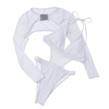 Sexy Cutout Bodycon Buckle Long Sleeves Shrug Swimsuit 2 Piece Outfits for Women White M