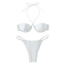 Sexy Halter-Bikinis Set for Women Two Pieces Swimsuit Leopard Print Bathing Suit White L