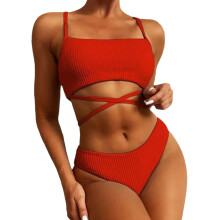 Women Solid Bathing Suit Lady High Waisted Swimsuit 2 Pieces Criss Cross Bikinis Red M