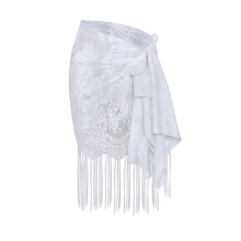 Womens Sarong-Wrap Skirt Lace Sheer Tie Side Beach-Bikini Cover-Ups with Tassel White
