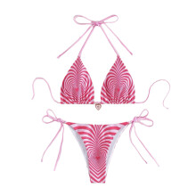 Women Swimsuits High Cut Thong Knotting Swimwear Low Waist Lacing Bikinis Suit Pink S