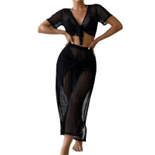 2 Pieces Bikinis Cover Up for Women Sheer Crop Top-Sun-Protection Wide Leg Pants Black S